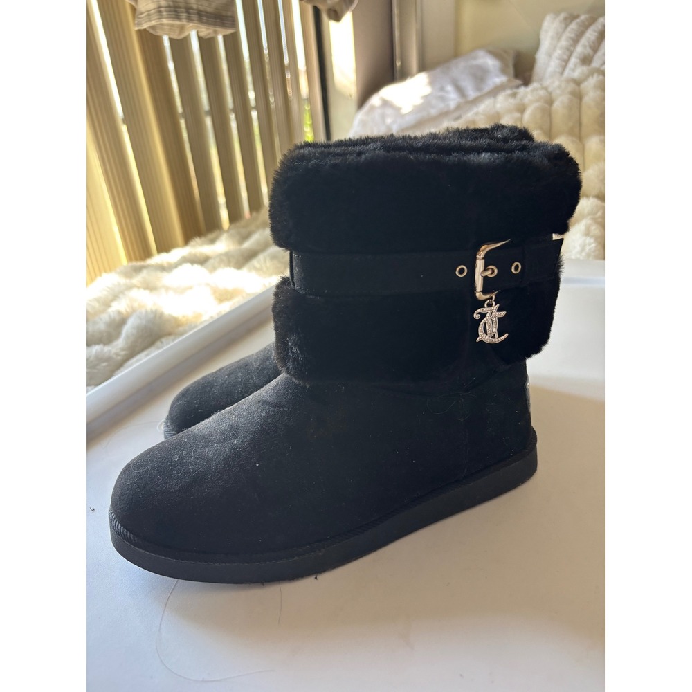Juicy Couture Black Faux Suede Fur Trim Buckle Boots with Rhinestone JC Charm